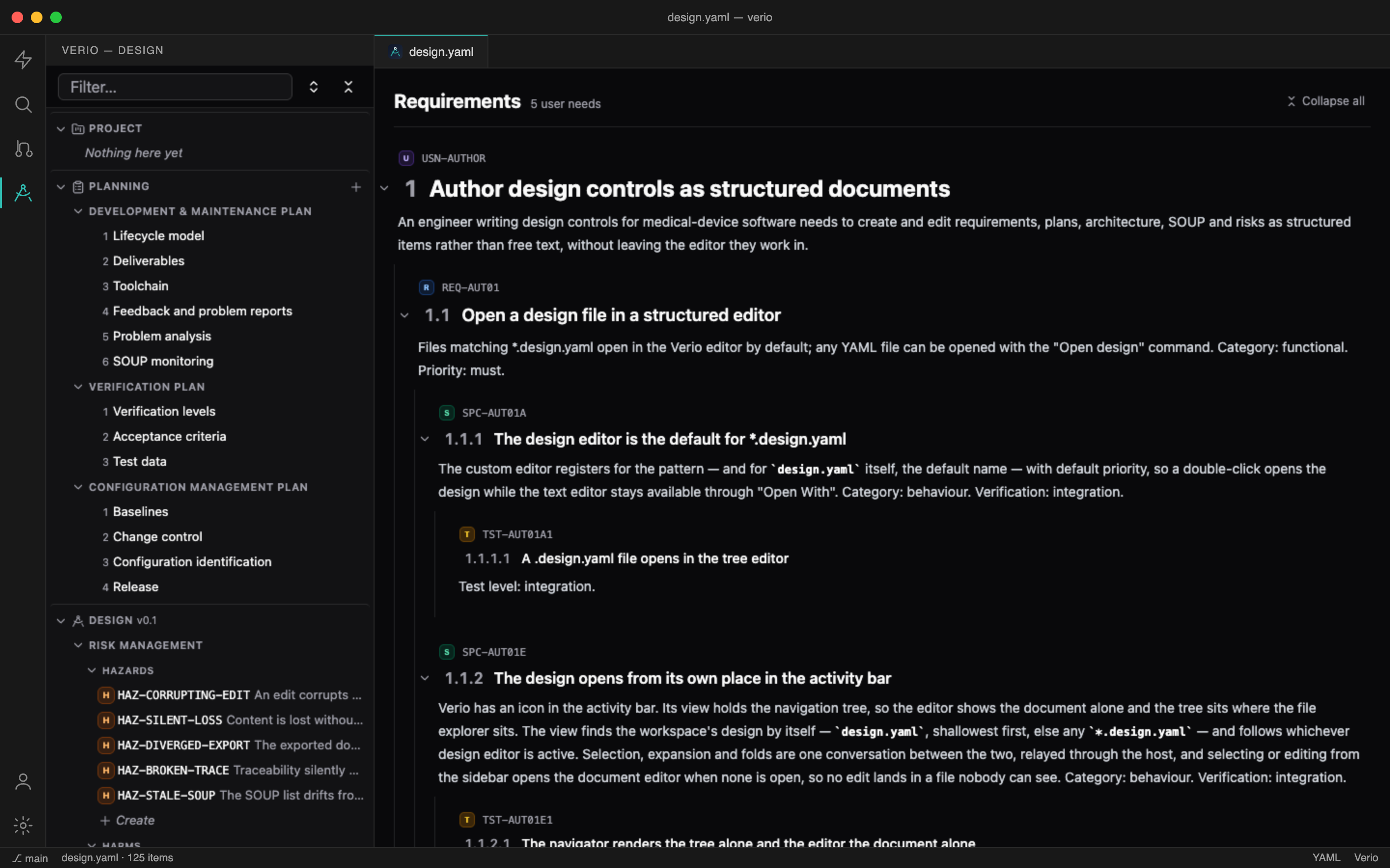Verio in VS Code: the navigation tree in the sidebar and the requirements document in the editor